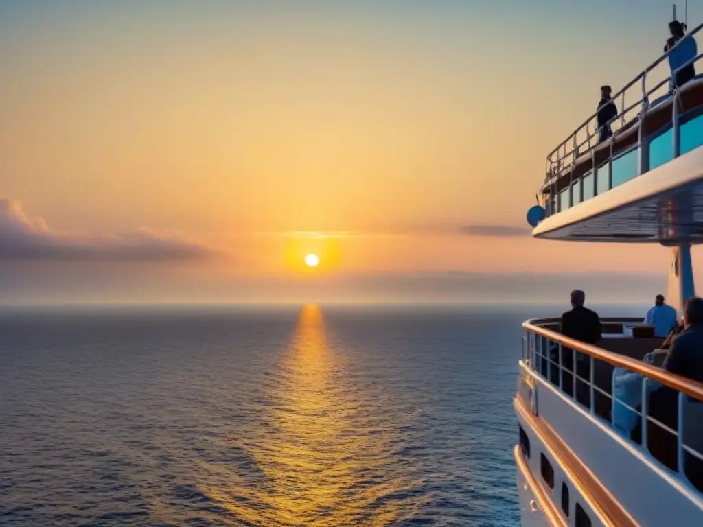 Un atardecer tranquilo en alta mar desde la cubierta de un crucero, ideal para relajarse y reflexionar