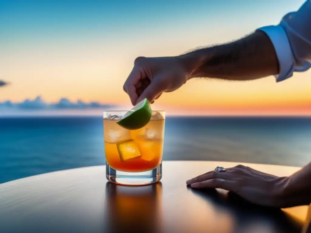 Cóctel al atardecer: magia en alta mar Un atardecer tranquilo en un crucero, con un bartender preparando un cóctel clásico mientras el cielo se refleja en el agua