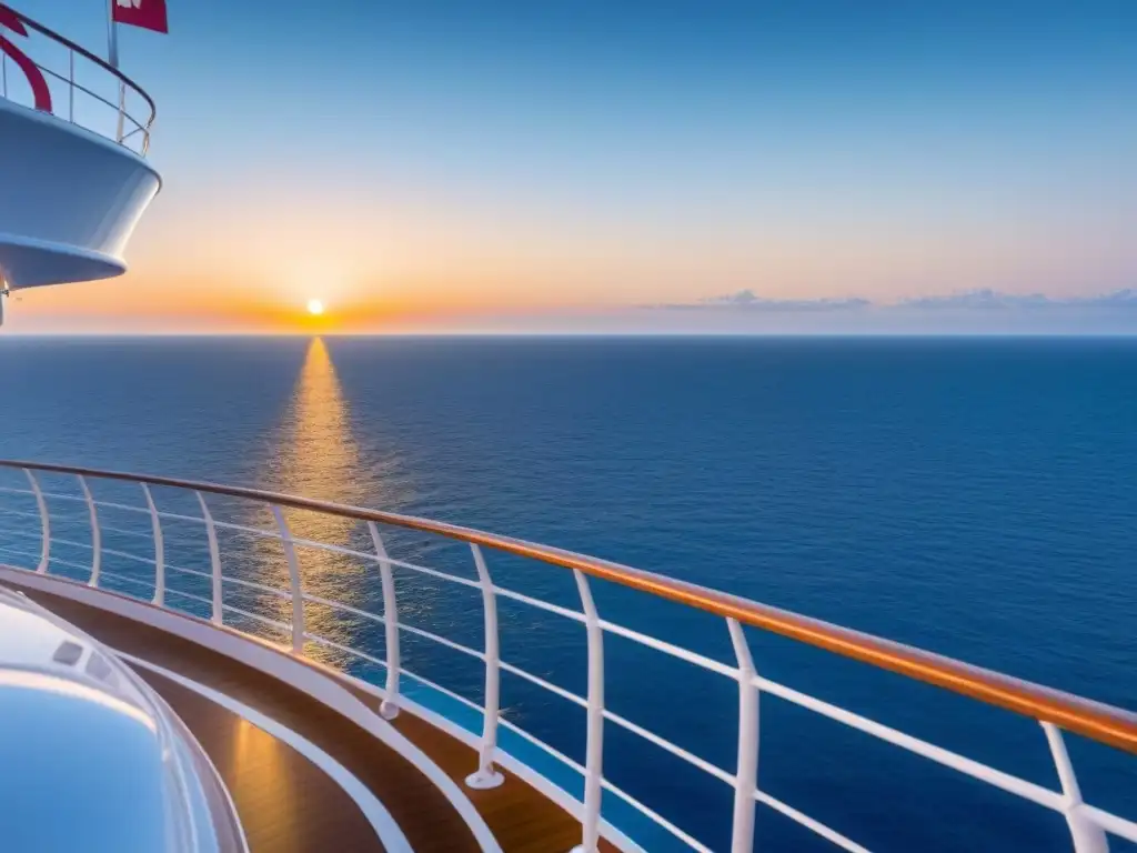 Un atardecer tranquilo desde un crucero de lujo, con aguas cristalinas y cielo despejado