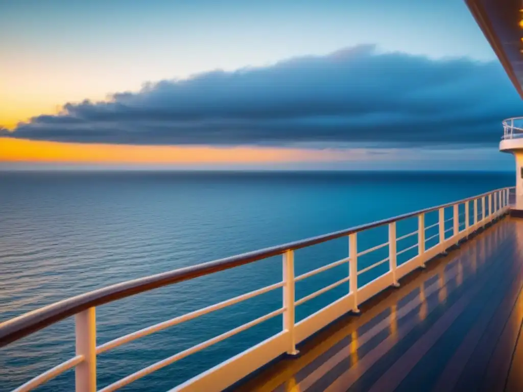 Atardecer tranquilo desde cubierta de crucero con reflejos dorados en el mar