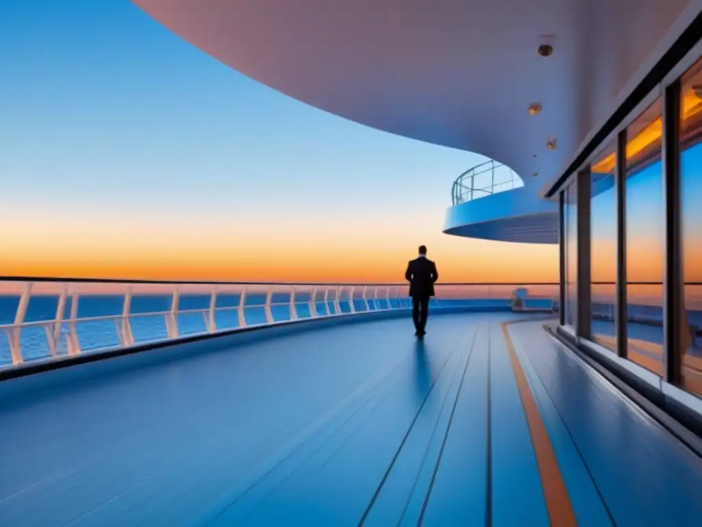 Un atardecer tranquilo en el lujoso crucero, con una figura disfrutando de actividades de entretenimiento en cruceros