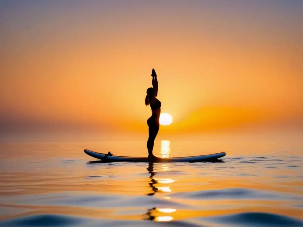 Un atardecer tranquilo en el mar, con una persona practicando yoga en un paddleboard