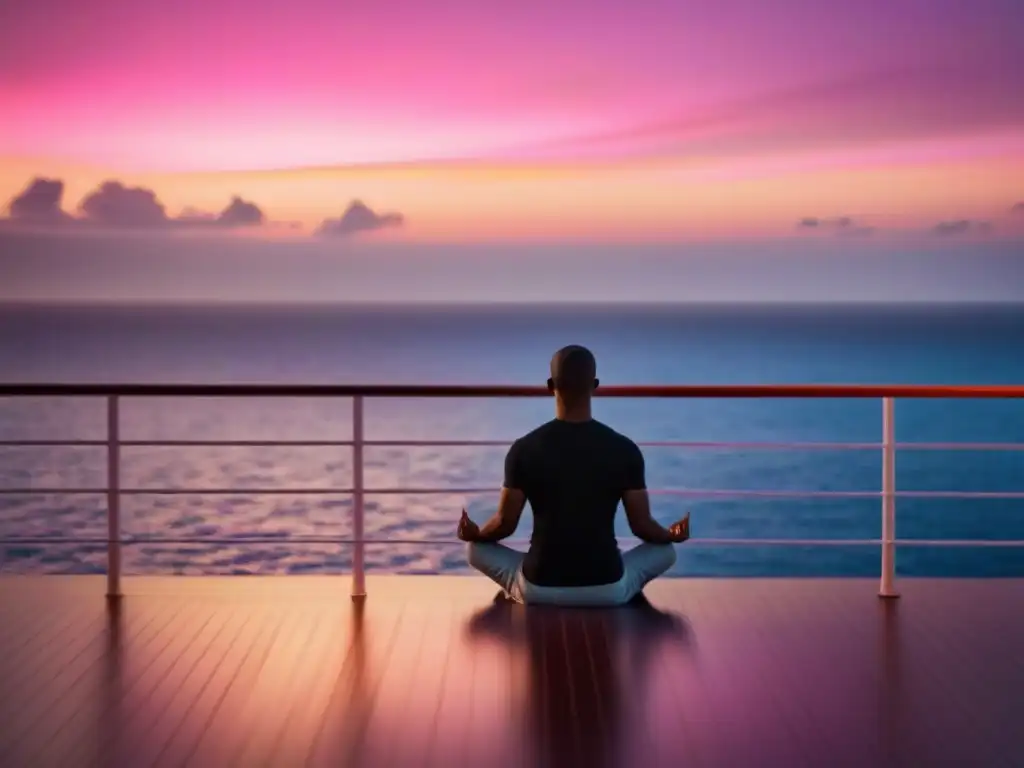 Un atardecer tranquilo sobre el mar, con una persona meditando en un crucero de lujo