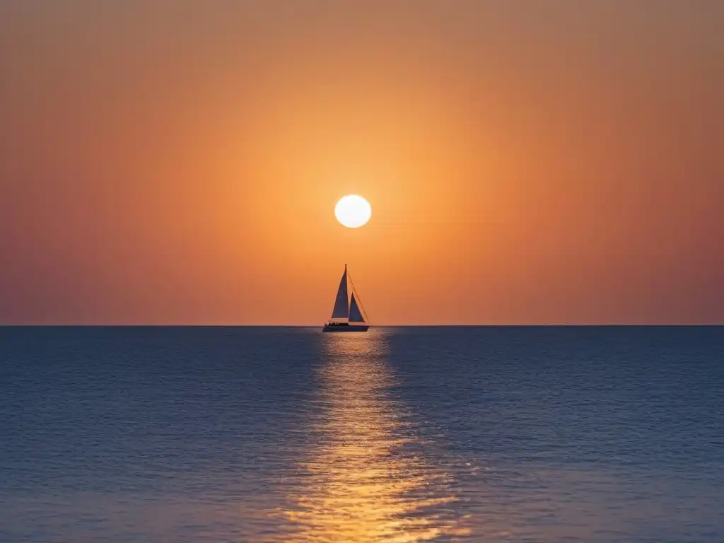 Un atardecer tranquilo en el mar, reflejos en el agua y un velero a lo lejos