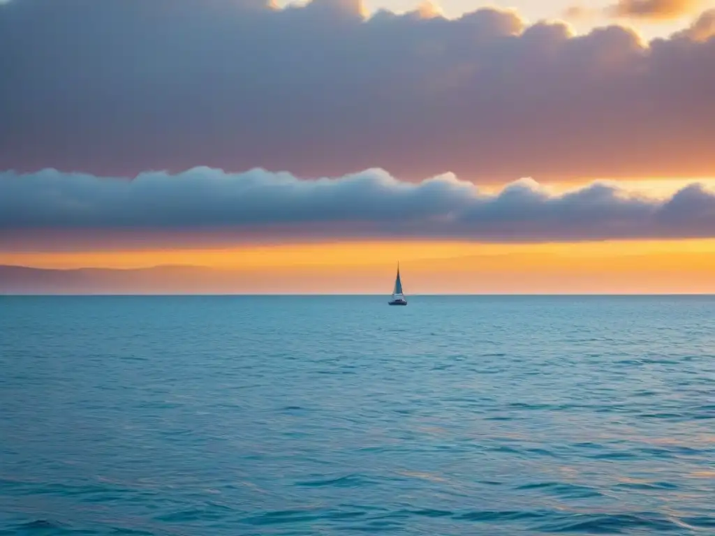 Un atardecer tranquilo en el mar con velero y gaviotas, ideal para mantener calma en crucero