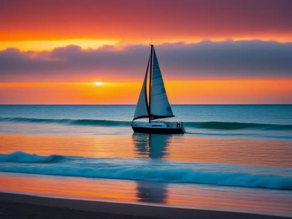 Un atardecer tranquilo en el océano con un velero solitario, inspirando canciones de cruceros