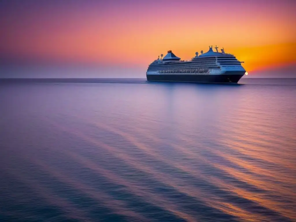 Un atardecer vibrante en aguas tropicales con un crucero de lujo al fondo, ideal para itinerarios de crucero islas tropicales