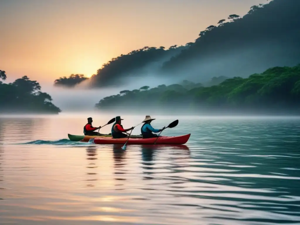 Un atardecer vibrante rodea a un grupo de indígenas en kayaks tradicionales, remando en aguas tranquilas