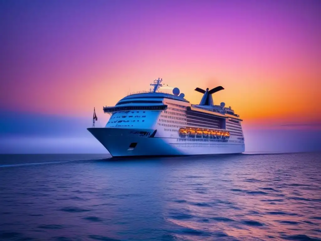 Un atardecer vibrante sobre el mar, con un crucero elegante en el horizonte dorado