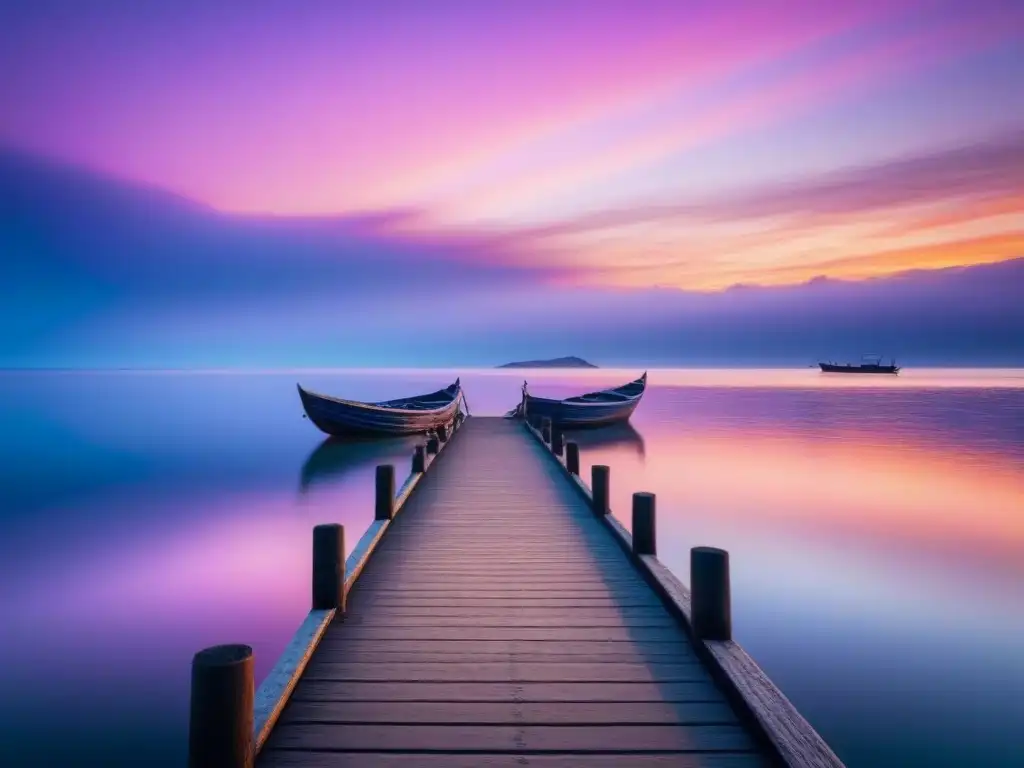 Un atardecer vibrante sobre un muelle con coloridos barcos tradicionales en aguas tranquilas