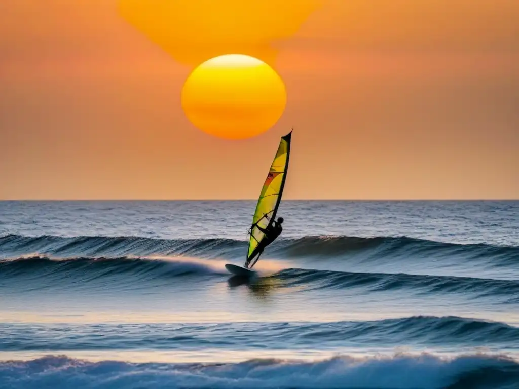 Un atardecer vibrante sobre un océano calmado, con un windsurfista surcando el agua