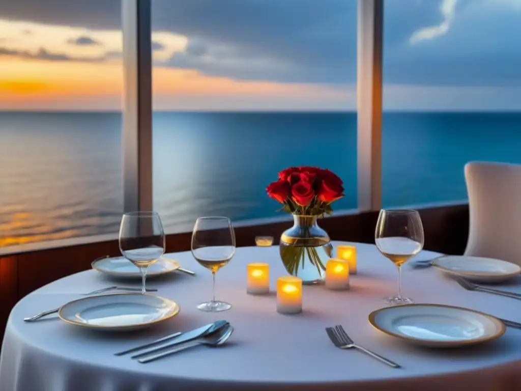 Una atmósfera íntima en un elegante comedor de crucero, con una mesa bellamente decorada y una rosa roja en un jarrón