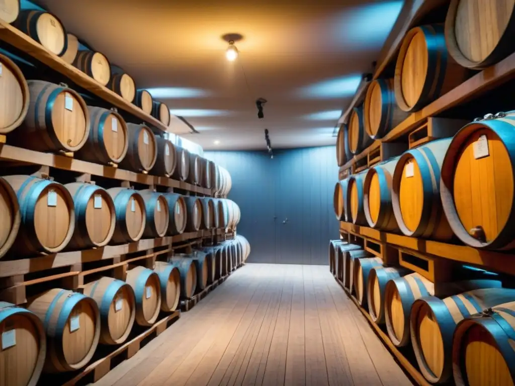 Atmósfera de serenidad en bodega subterránea con barricas de vino, luz dorada filtrándose por ventanas pequeñas, creando sombras suaves