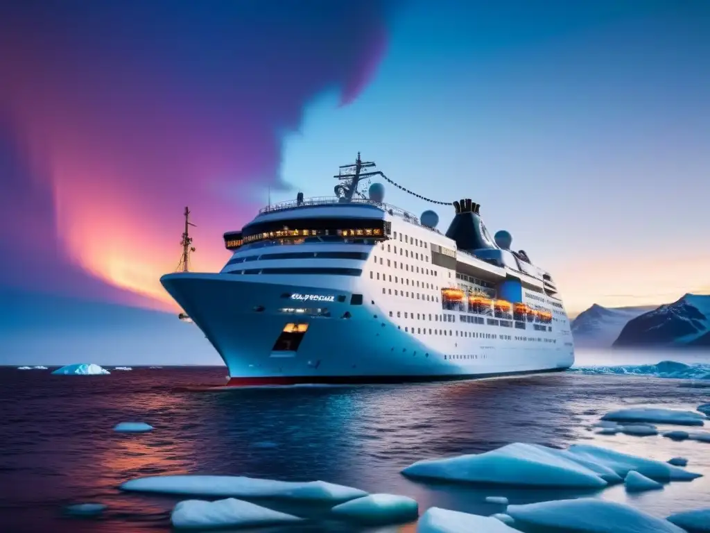 Un audaz crucero de expedición navegando entre auroras boreales y hielo, revelando interiores cálidos y acogedores