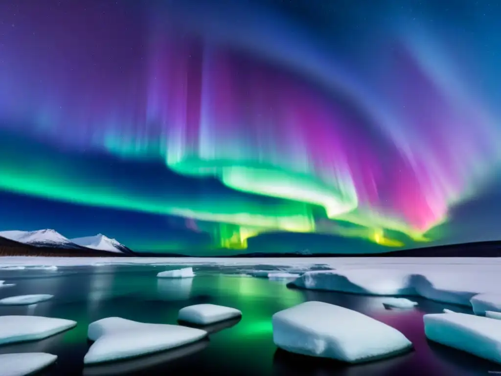 Auroras en crucero de exploración: danza de luces verdes y moradas sobre paisaje helado y estrellado, reflejándose en aguas tranquilas