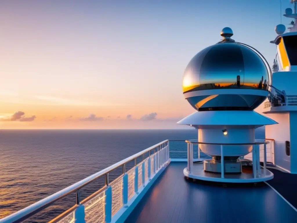 Avances tecnología cruceros lujo: Equipamiento satelital en crucero de lujo, contrastando con el mar al atardecer