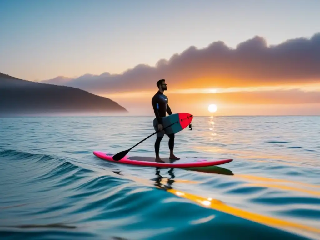 Avances tecnológicos en paddle surf: Tabla futurista deslizándose sobre aguas cristalinas al atardecer vibrante