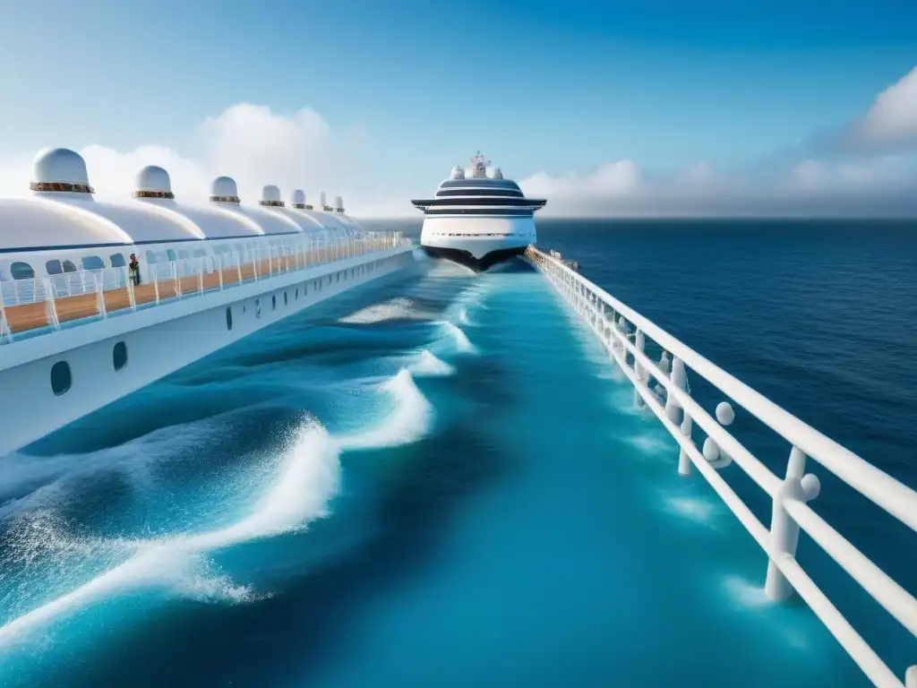 Desalinización avanzada en cruceros: sistema futurista integrado en un barco con diseño innovador y colores suaves