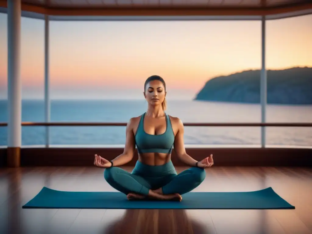 Práctica de yoga avanzado en cruceros marítimos al atardecer, con calma y serenidad