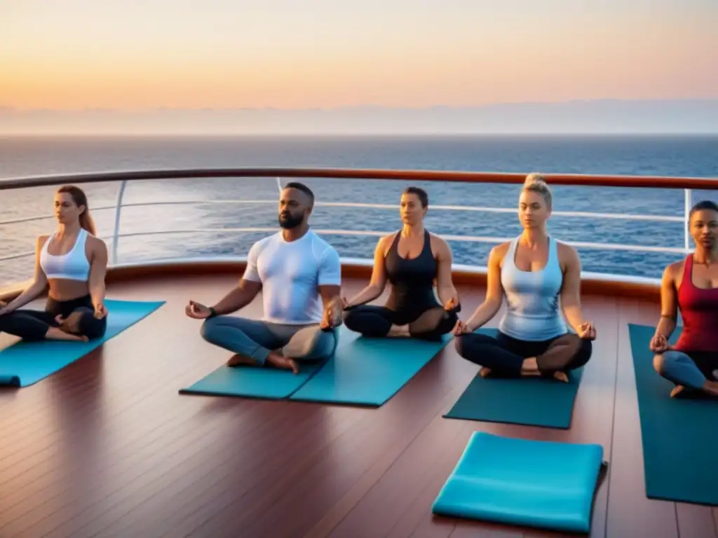 Práctica de yoga avanzado en cruceros marítimos al amanecer, transmitiendo serenidad y conexión con el mar