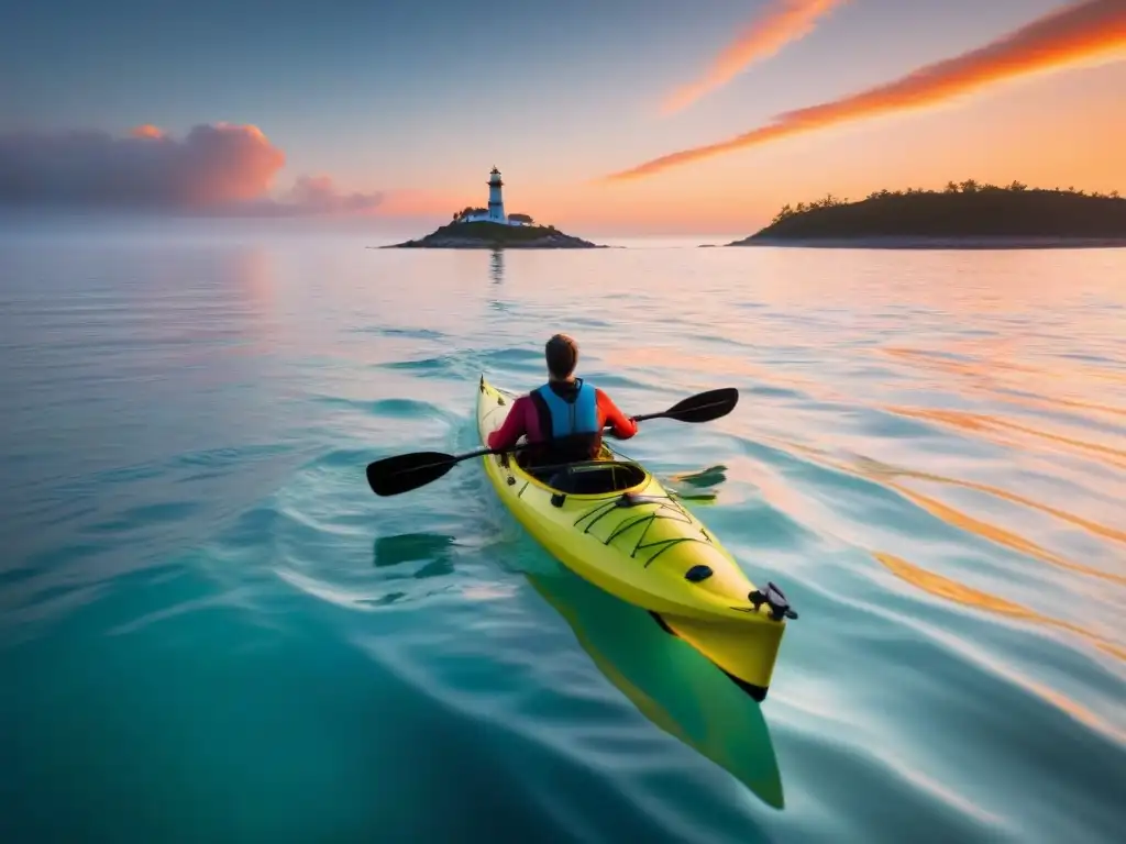 Aventura en kayak al atardecer, mar turquesa y lighthouse al fondo