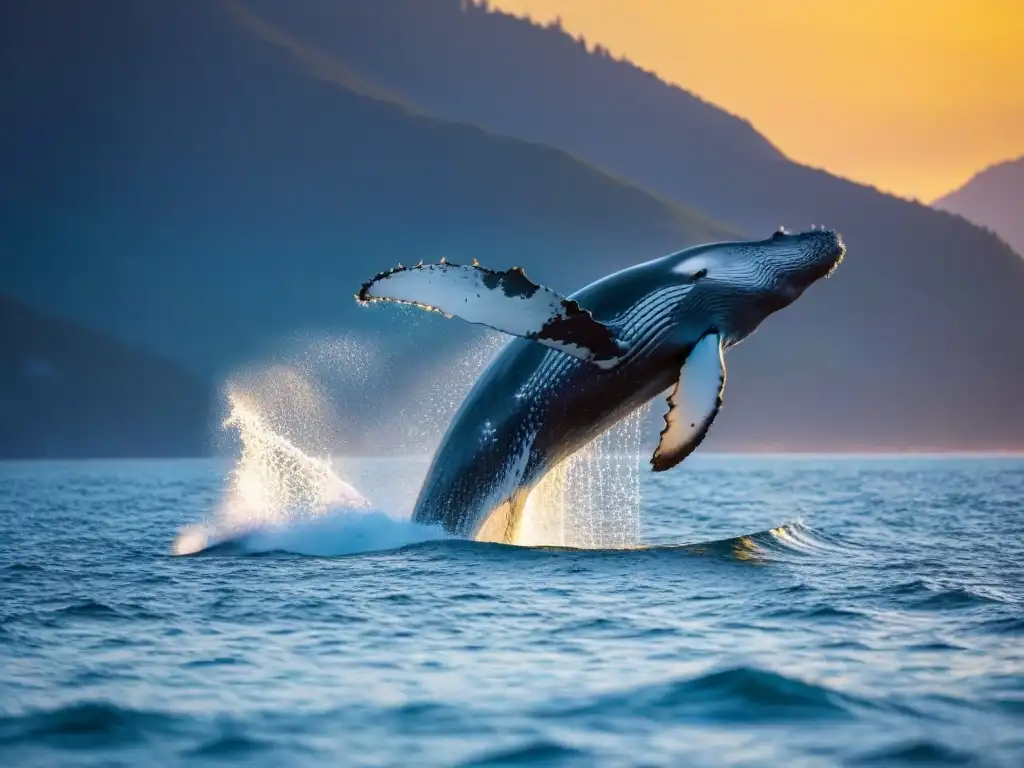 Aventura ecológica en crucero: Una majestuosa ballena jorobada saltando graciosamente en aguas resplandecientes al atardecer