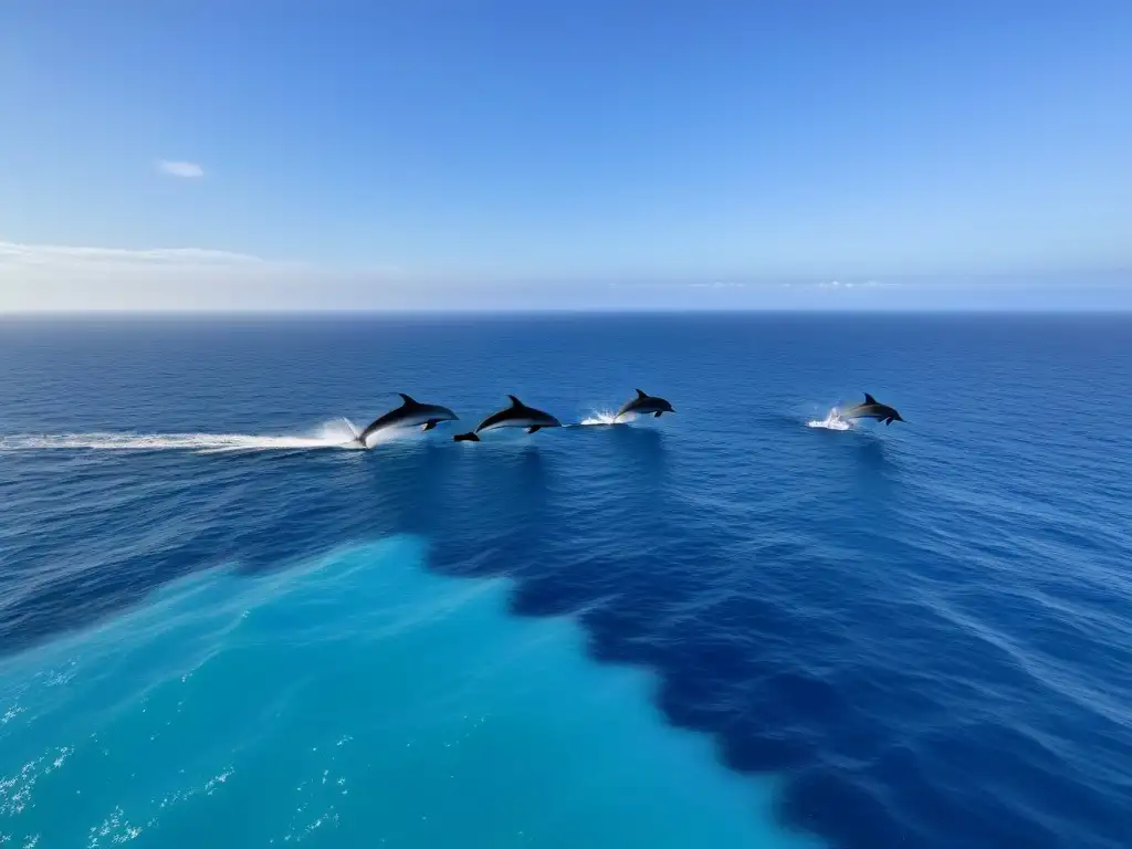 Aventuras ecológicas en alta mar: Vista desde un yate moderno, con delfines saltando en un océano cristalino y cielo pastel