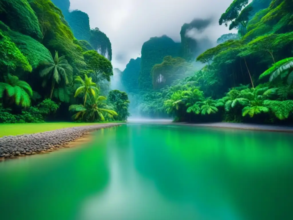 Aventuras ecológicas en crucero: Selva exuberante reflejada en río cristalino, con follaje vibrante y serenidad natural