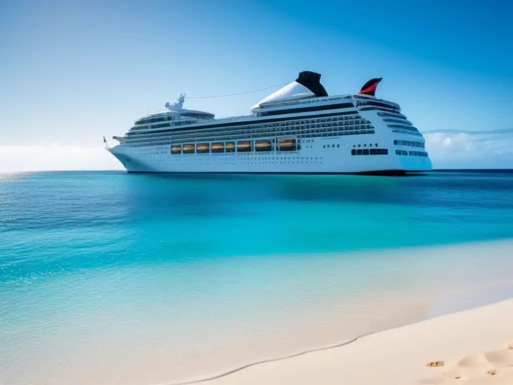 Aventuras ecológicas en cruceros: Un crucero moderno en aguas turquesas frente a una playa de arena blanca y cielo azul