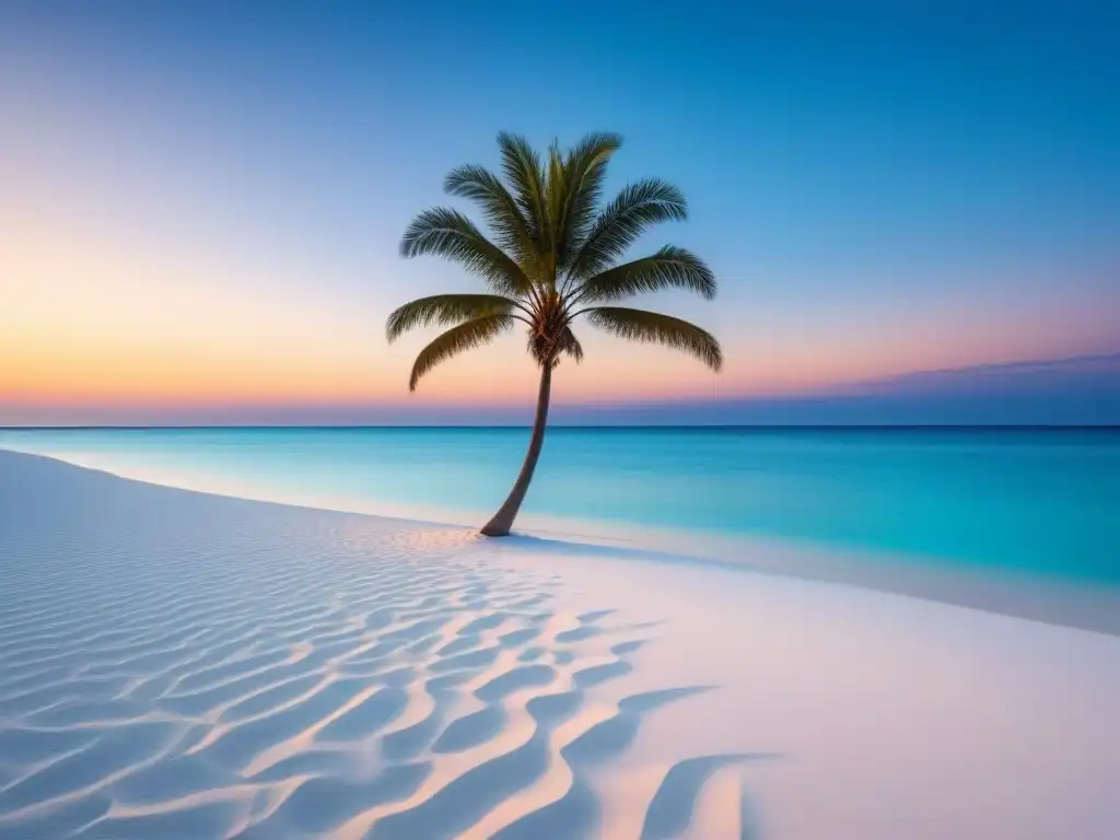 Aventuras en islas privadas marítimas: Paraíso de playa con palmera solitaria y aguas cristalinas al atardecer