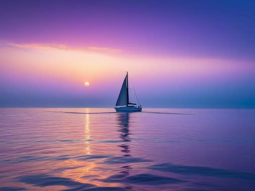 Fotografía para aventuras marítimas ecológicas: Amanecer sereno en el mar con velero solitario al horizonte