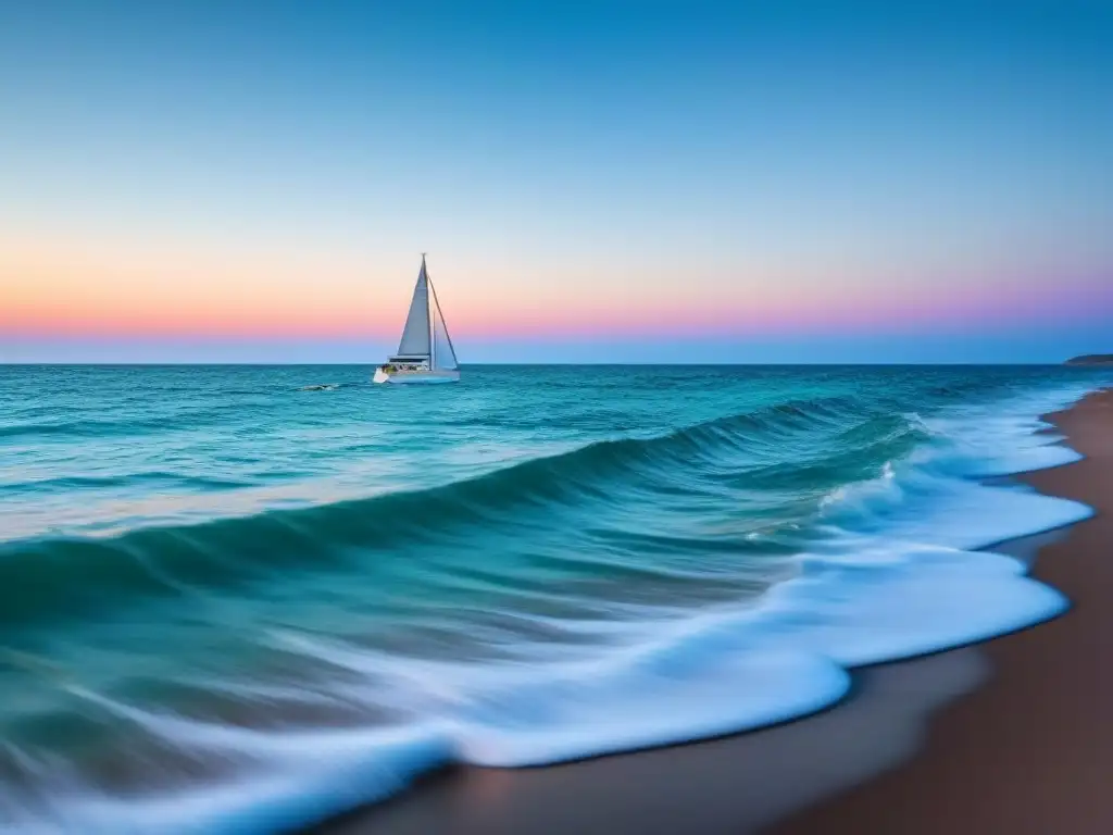 Fotografía de aventuras marítimas ecológicas: amanecer sereno con agua turquesa cristalina y un velero en la distancia