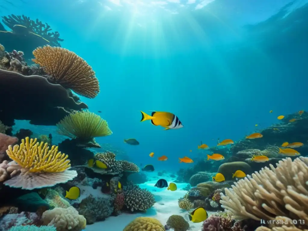 Fotografía para aventuras marítimas ecológicas: Arrecife de coral vibrante con peces coloridos y vida marina en un océano turquesa cristalino