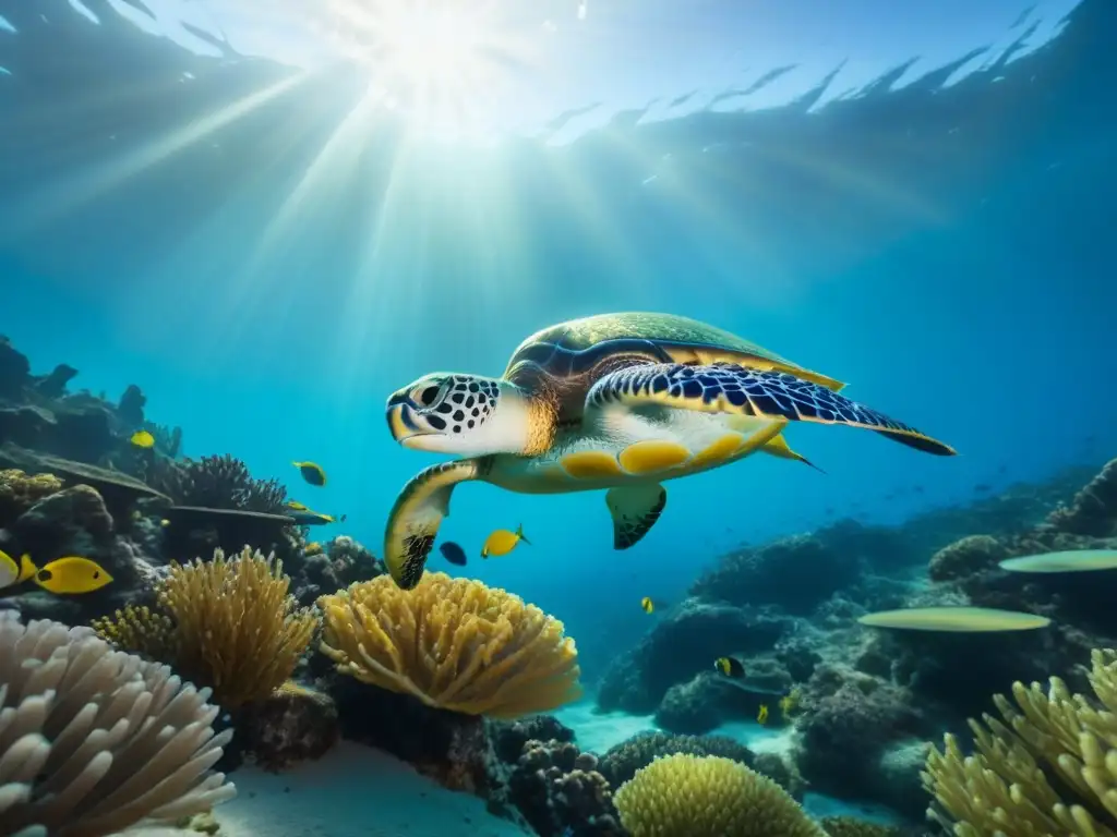 Fotografía para aventuras marítimas ecológicas: un arrecife de coral vibrante con peces coloridos y una tortuga marina en aguas cristalinas