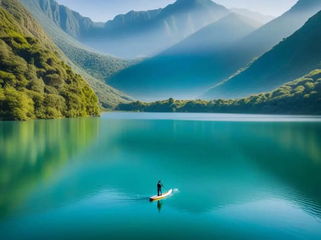 Aventuras en kayak alrededor: Paddleboarder solitario en lago cristalino rodeado de montañas verdes bajo cielo azul