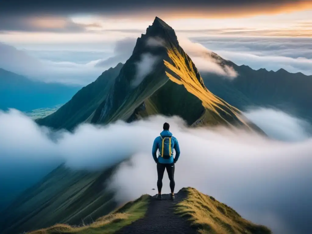 Un aventurero contempla un paisaje grandioso desde la cima de una montaña, rodeado de nubes bajas