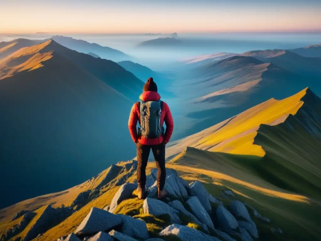 Un aventurero solitario contempla la inmensidad de la naturaleza desde la cima nevada de una montaña