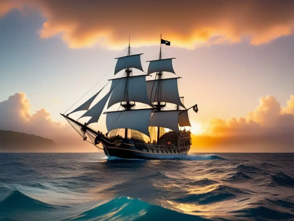 Aventureros en un barco pirata navegando al atardecer en el Mar Caribe