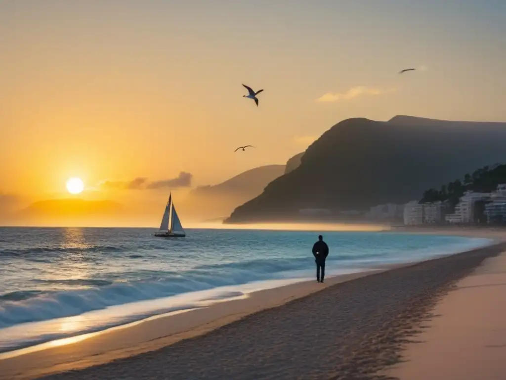 Aventureros mar Caribe fortuna: persona solitaria en playa caribeña al atardecer con veleros y gaviotas