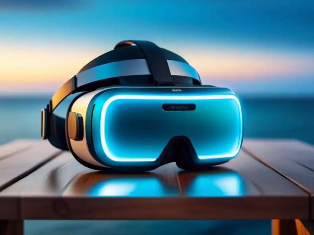 Avistamiento de fauna marítima virtual: Detalle increíble de casco VR sobre mesa de madera con vista al mar sereno