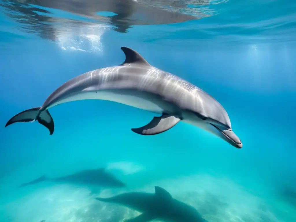 Avistamiento de fauna marítima virtual: majestuosos delfines nadan grácilmente en aguas turquesa cristalinas