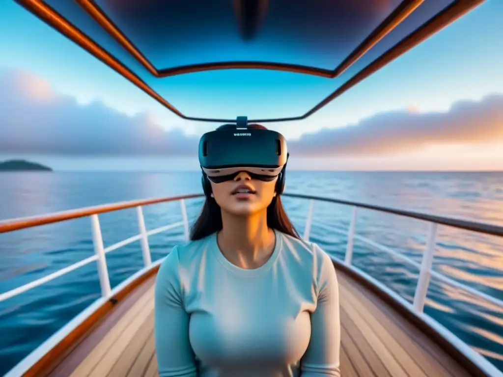 Avistamiento de fauna marítima virtual: un mundo submarino colorido se refleja en unas gafas de realidad virtual en la cubierta de un barco de madera