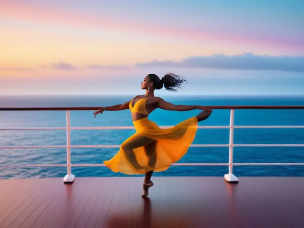 Una bailarina tradicional se mueve con gracia en un crucero al atardecer