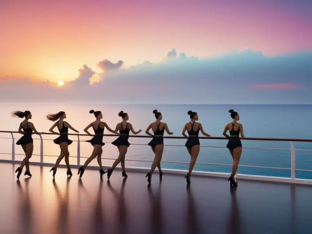 Maratón de baile en crucero al atardecer, con bailarines en armonía y energía vibrante