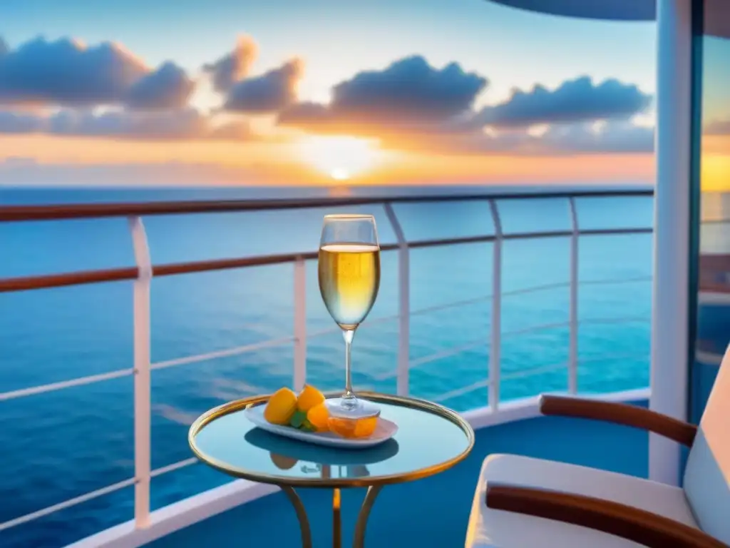 Un balcón de crucero lujoso al atardecer, con sillas lounge y mesa para dos, con copas elegantes y una botella de champagne