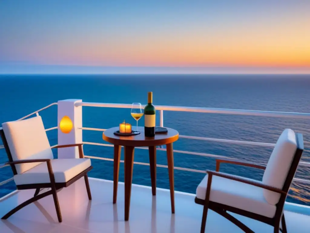 Un balcón de crucero lujoso con vista al mar al atardecer