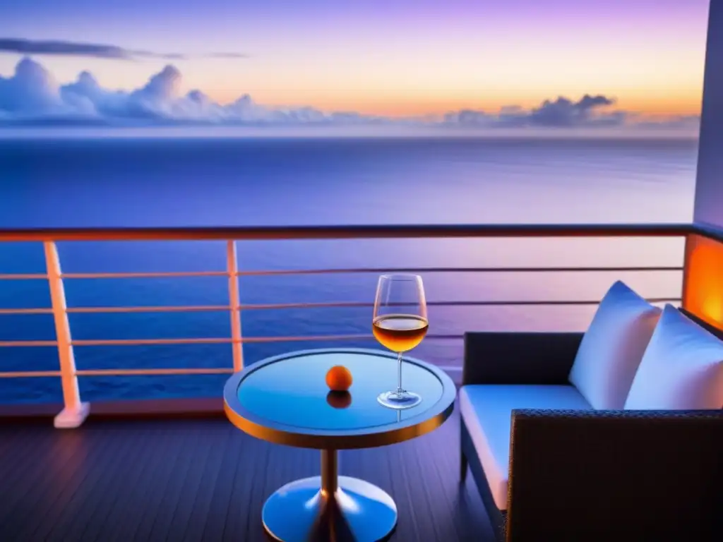 Un balcón de crucero moderno al atardecer con vistas al mar en tonos cálidos