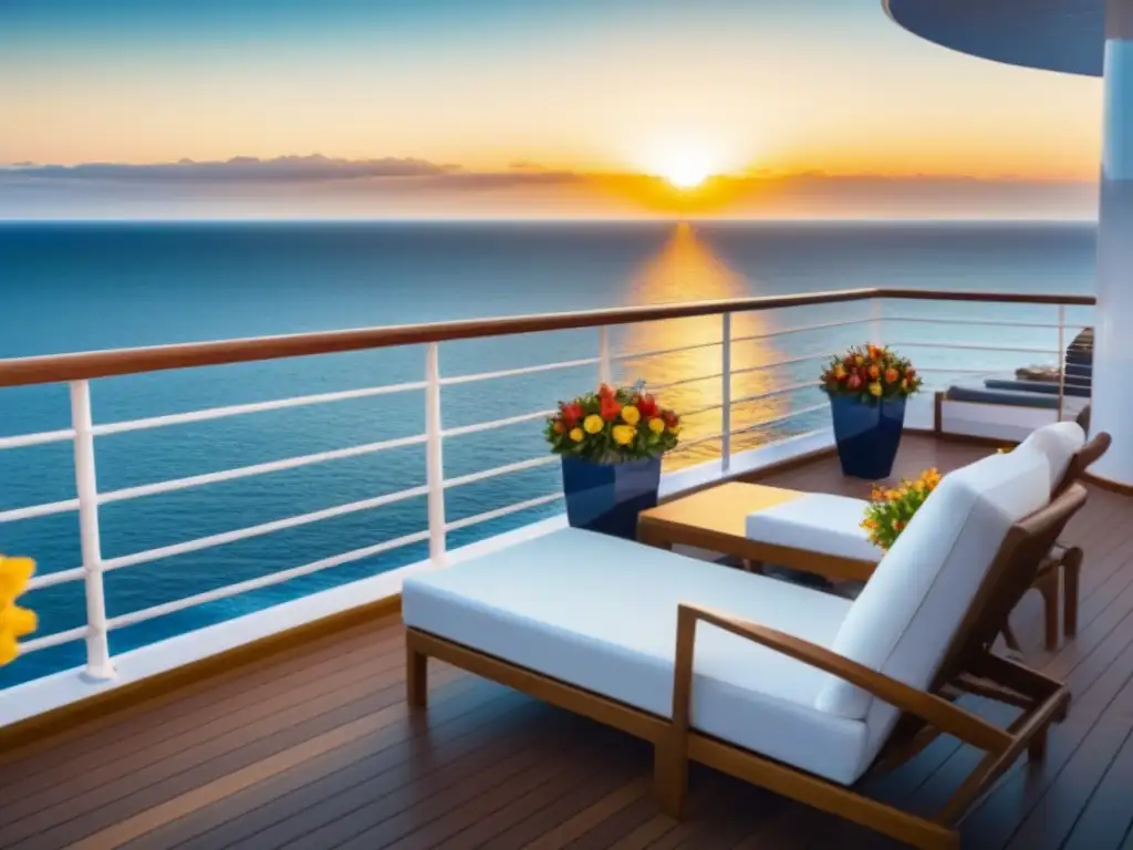 Un balcón privado en un crucero de lujo, con diseño moderno, suelo de madera, silla cómoda, mesa con flores frescas y vista al mar