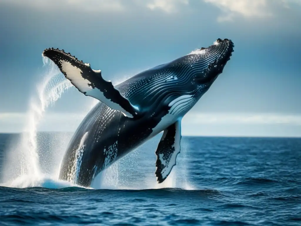 Una ballena jorobada majestuosa saltando del agua, con gotas congeladas en el aire, reflejando su poder y gracia