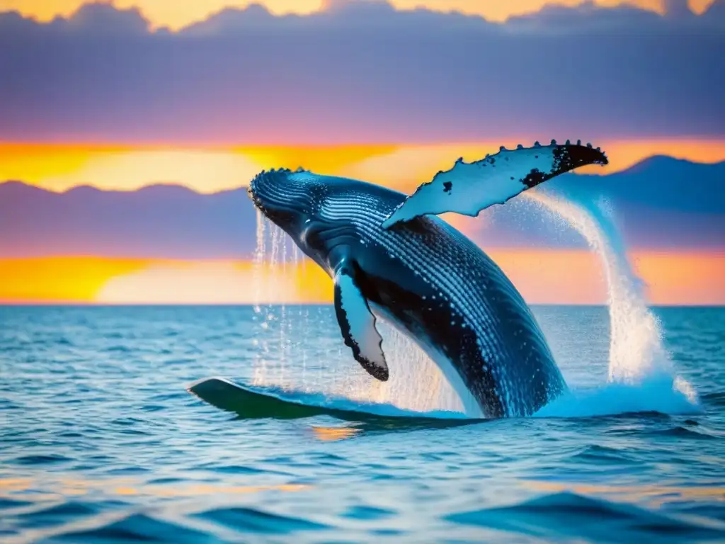 Una ballena jorobada majestuosa saltando en el océano al atardecer